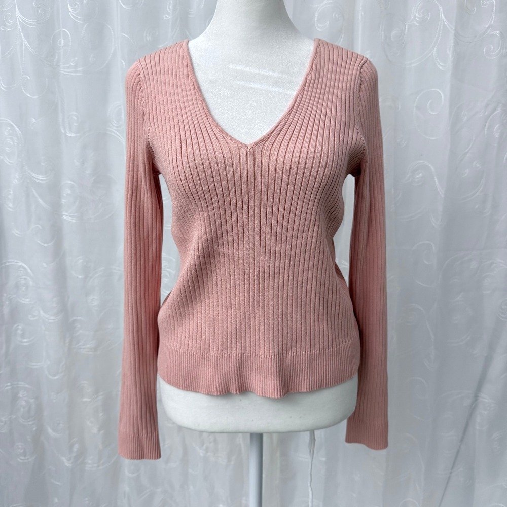 Skies Are Blue Womens Pink Ribbed Double V-Neck Long Sleeve Sweater S